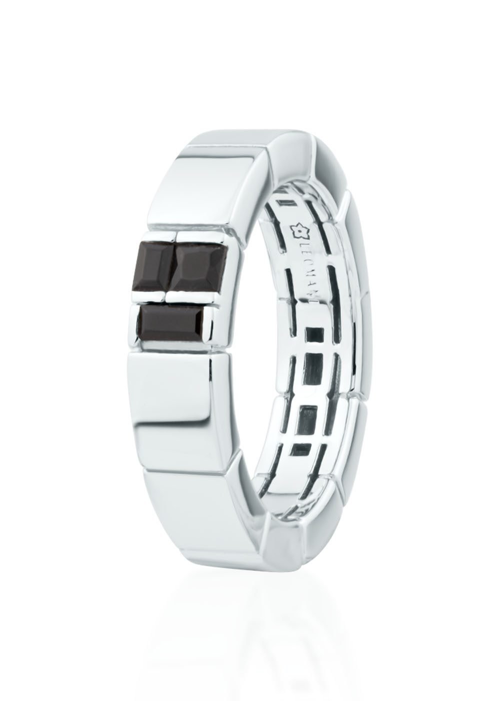 2. Men's rhodium-plated 925 sterling silver ring with three black nanocrystal stones, featuring a sleek geometric design, shown in studio lighting