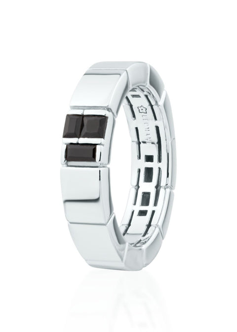 2. Men's rhodium-plated 925 sterling silver ring with three black nanocrystal stones, featuring a sleek geometric design, shown in studio lighting