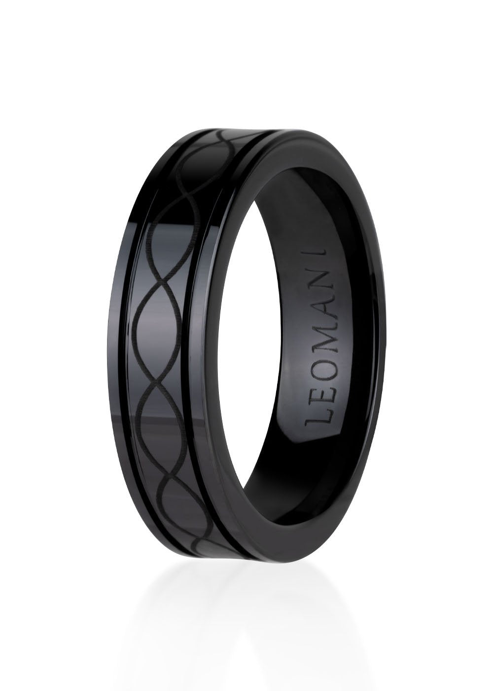 2. Men's black ceramic ring by Leomani featuring modern design with wave pattern, shown in studio lighting highlighting glossy finish and engraved brand name inside