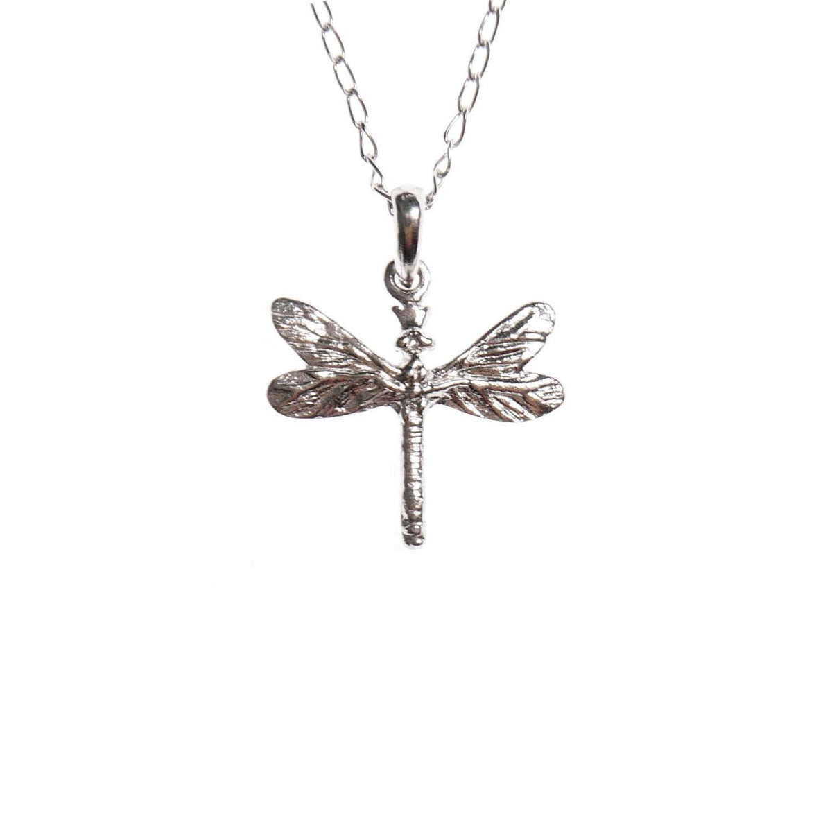 2. Silver dragonfly pendant on a delicate chain, showcasing intricate wing details, against a white background