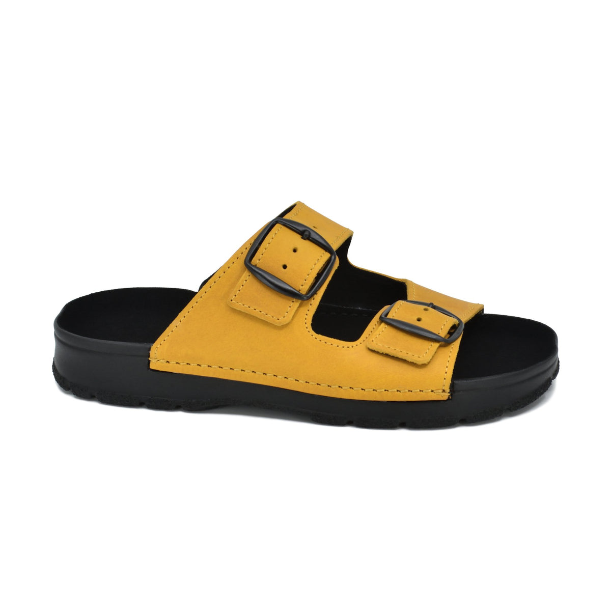 3. Studio image of Meeliku Ocre Sandals by Omaking, featuring adjustable buckle straps and black PU outsole