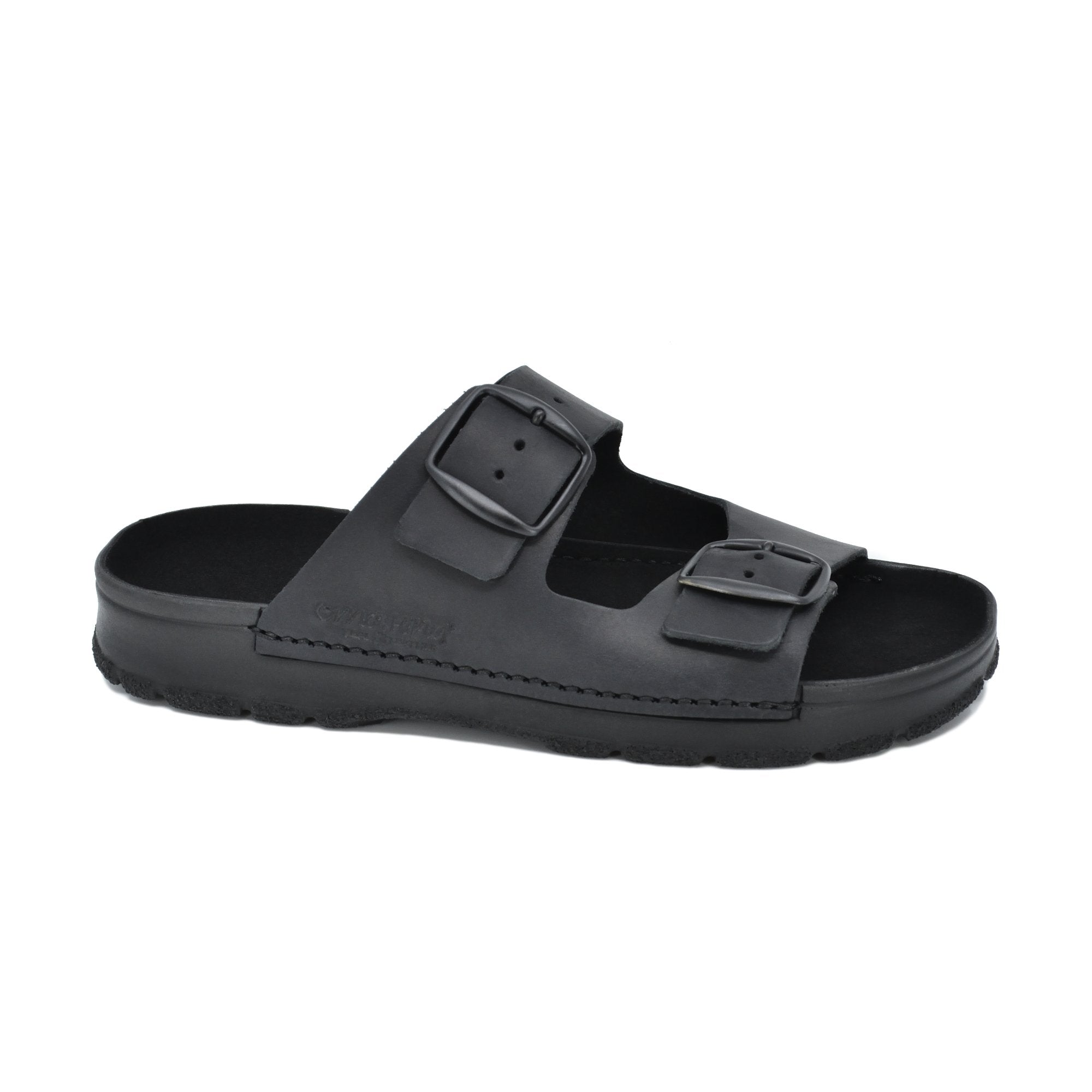 4. Studio shot of Meeliku black sandals by Omaking, featuring adjustable buckle straps