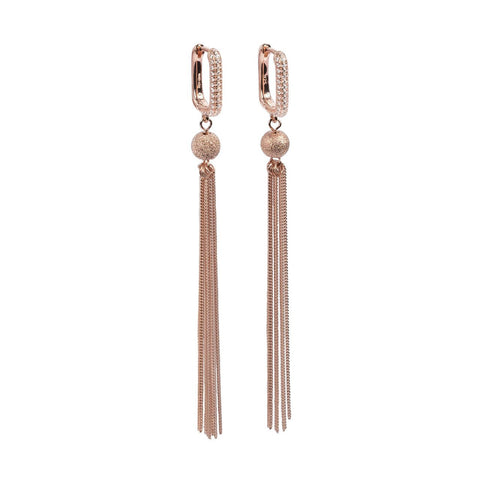 2. MyaMoon Metropolitan Glow white tassel earrings in rose gold plating with sparkling stones and chain fringes, studio shot
