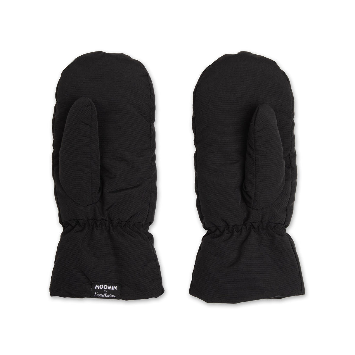 3. Black Moomintroll Puffer Mittens for adults by NordicBuddies, shown from the back in studio