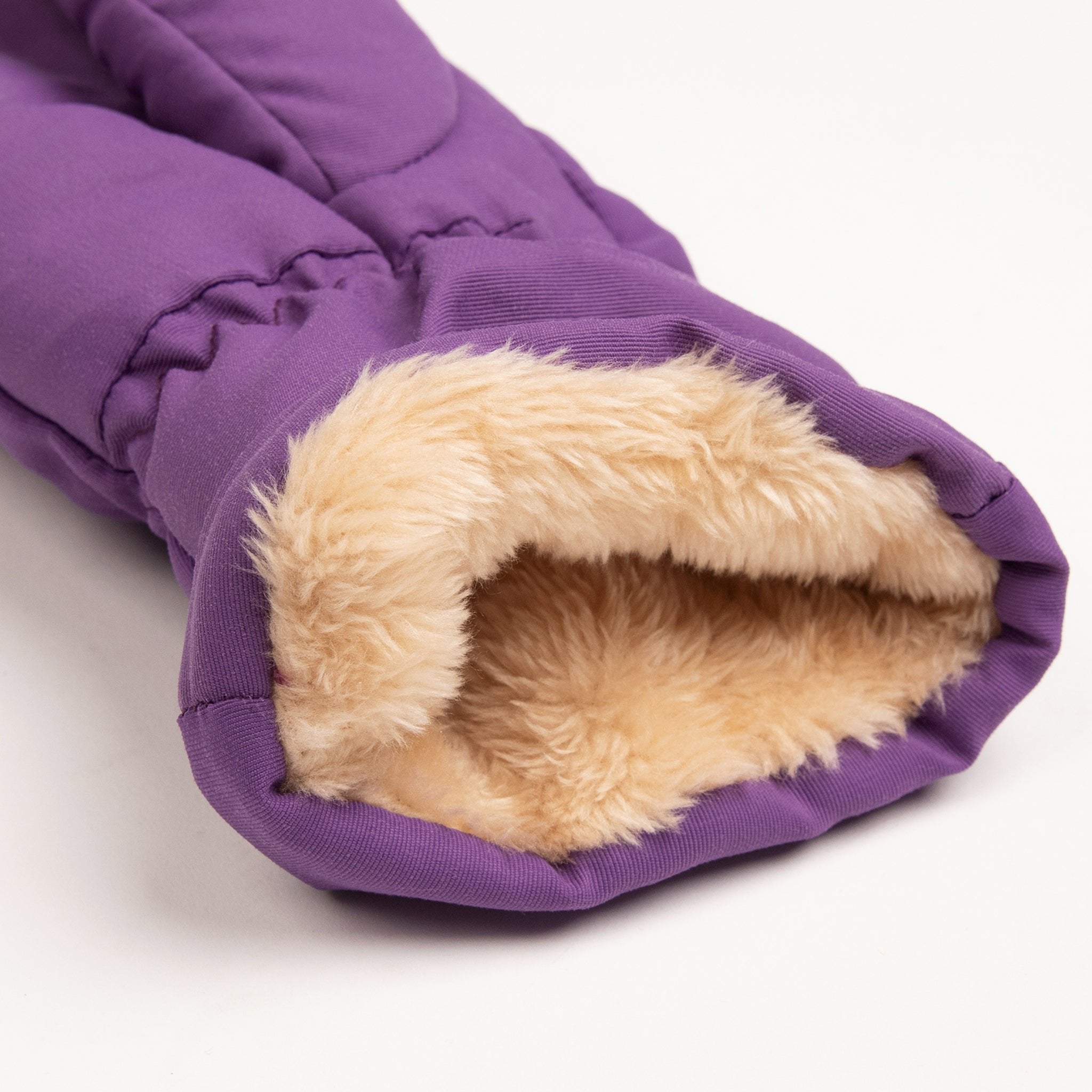 3. Close-up of Moomin by NordicBuddies purple puffer mittens showing soft fleece lining