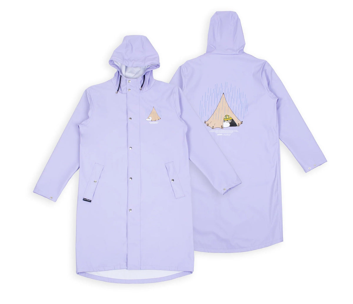 7. Unisex Moomin Adventure Rain Jacket in lilac shown front and back with Moomin design