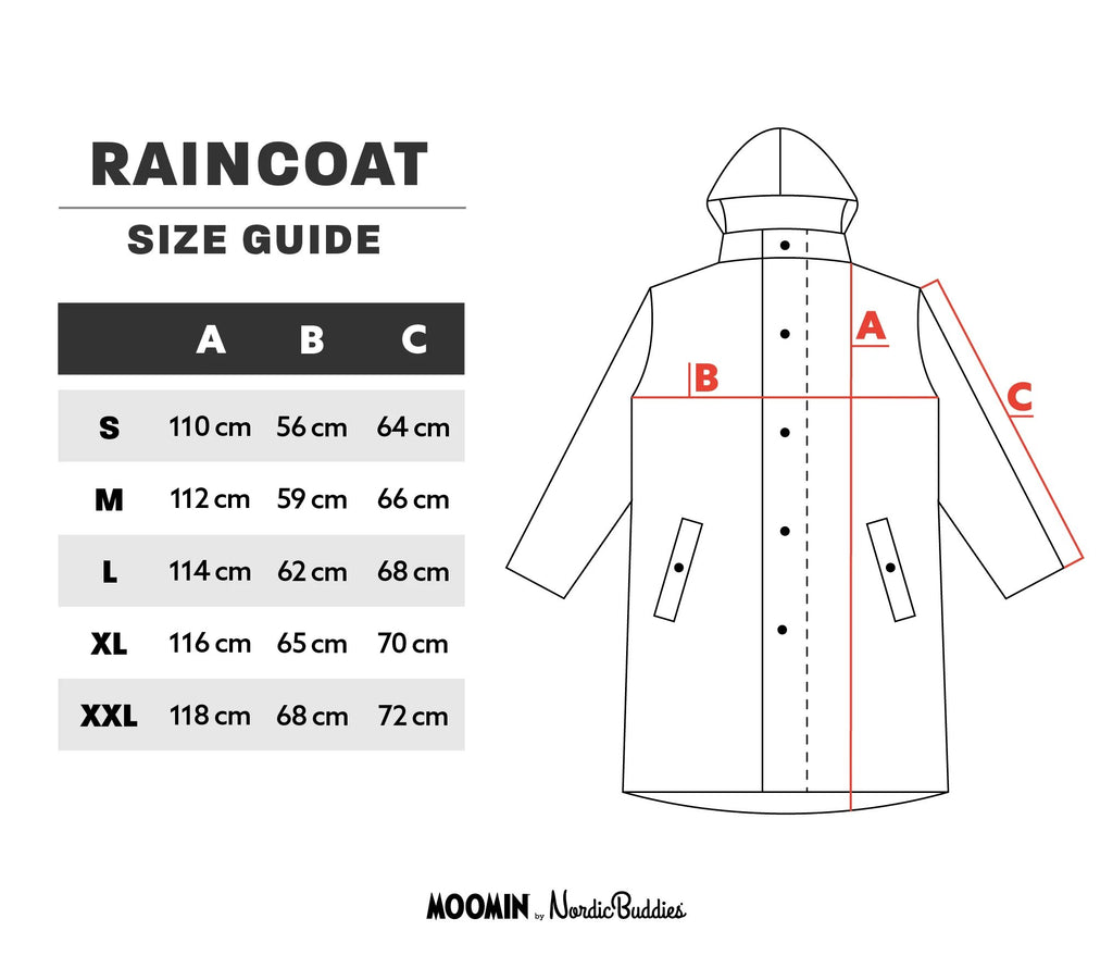17. Size guide for Moomin Adventure Rain Jacket, showing measurements for sizes S to XXL