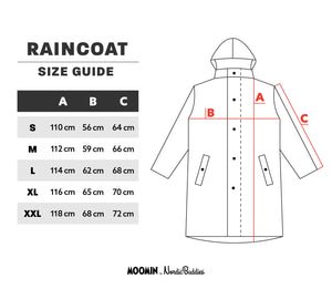 15. Size chart for Moomin Adventure Rain Jacket, showing measurements for sizes S to XXL