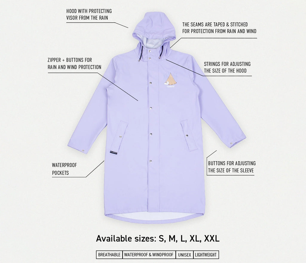 14. Moomin Adventure Rain Jacket in lilac with labeled features and available sizes