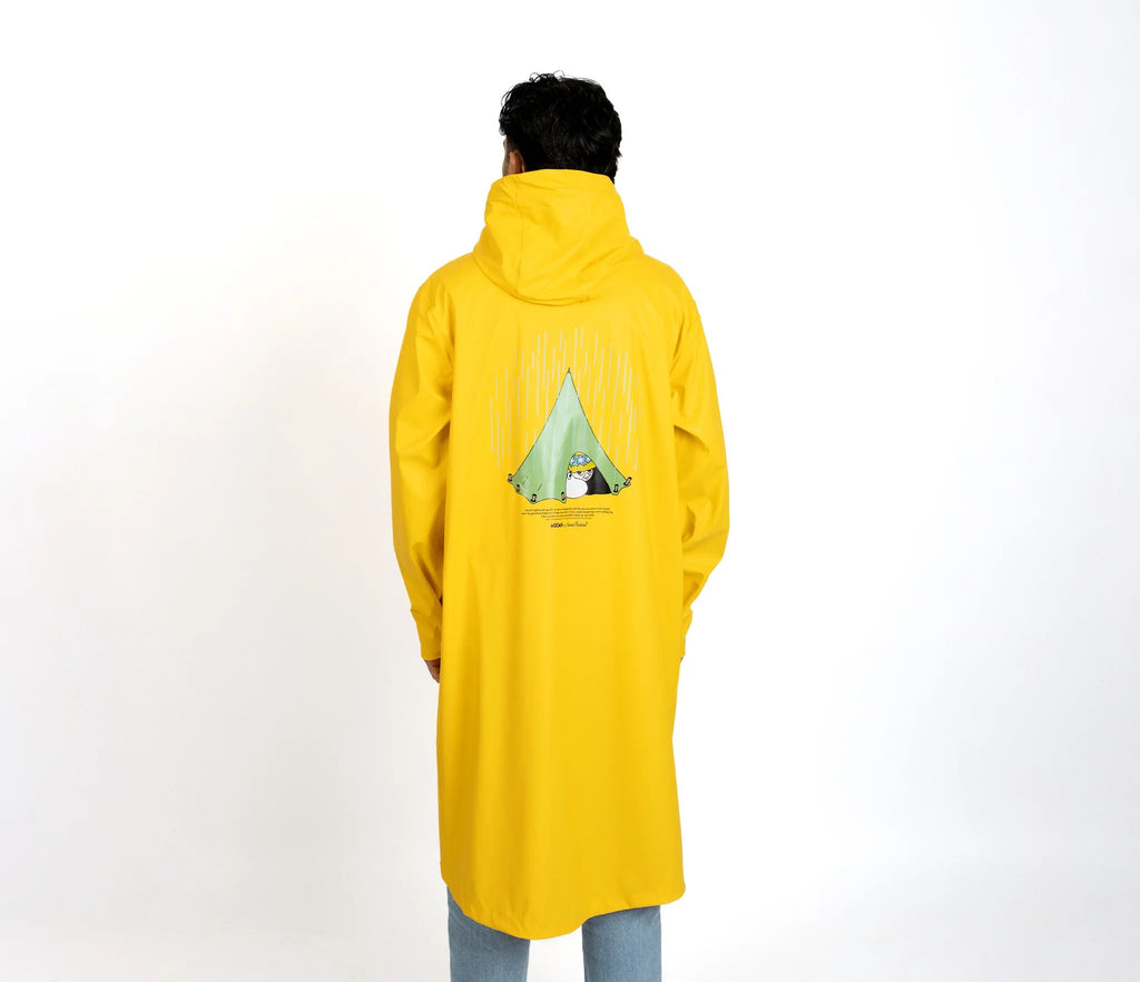 7. Back view of male model wearing unisex yellow Moomin Adventure Rain Jacket in studio