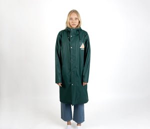 5. Women's Moomin Adventure Rain Jacket in dark green with hood, shown in studio front view
