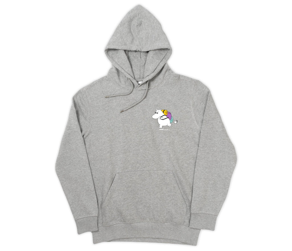 1. Unisex grey Moomin by NordicBuddies hoodie with Moomintroll graphic, shown flat