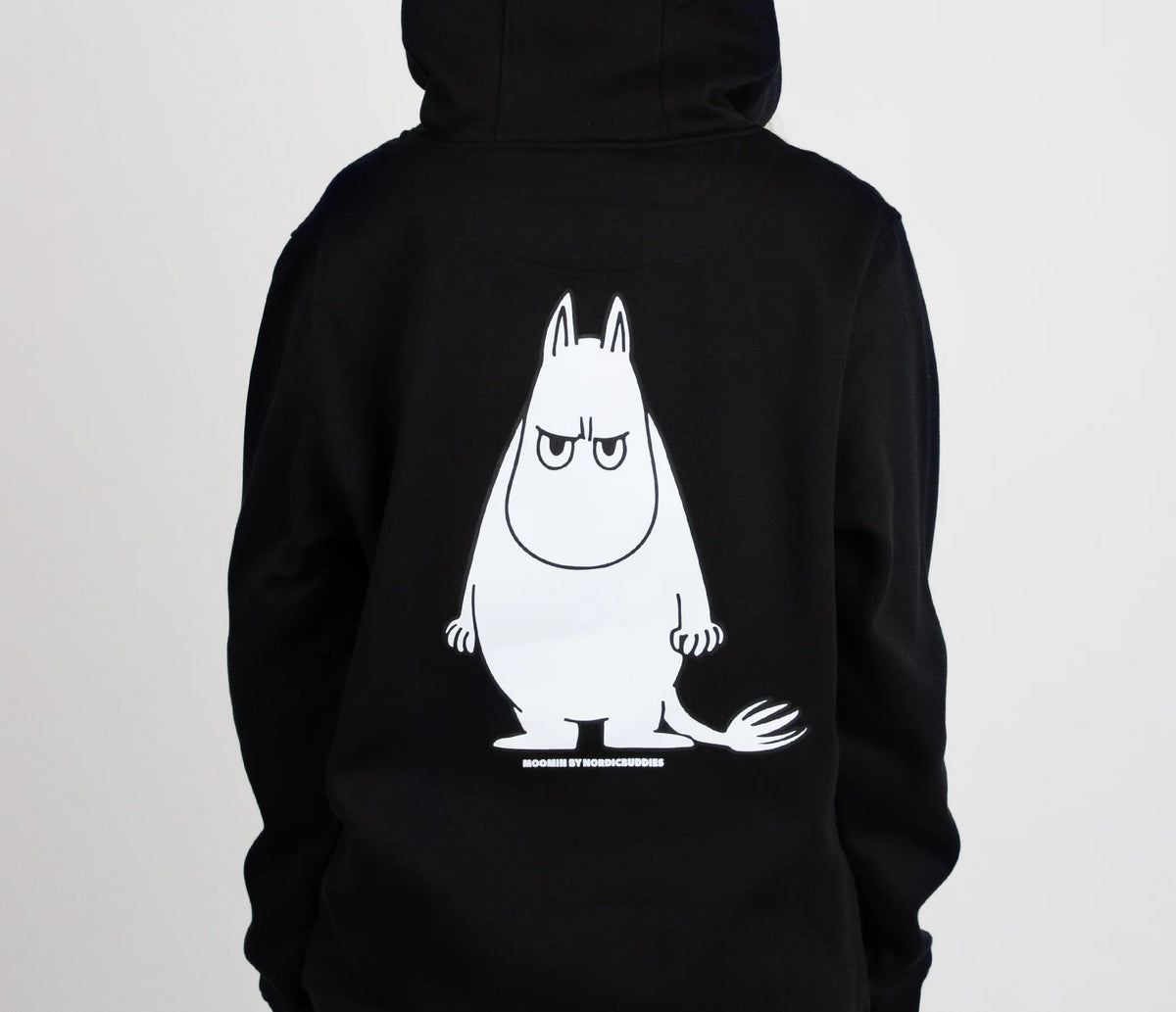 6. Close-up of Moomin graphic on back of unisex black hoodie by NordicBuddies