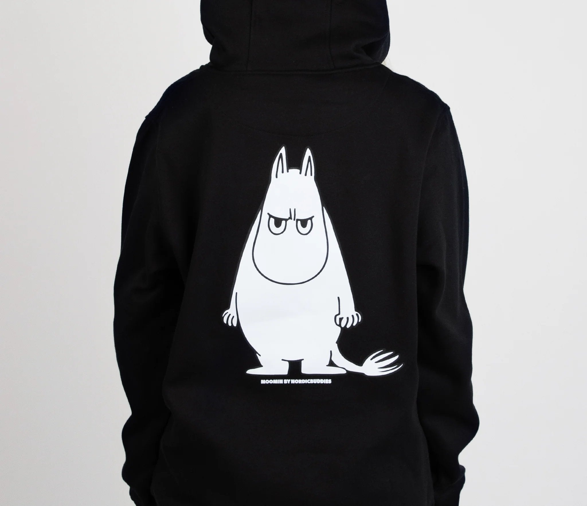 6. Close-up of Moomin graphic on back of unisex black hoodie by NordicBuddies