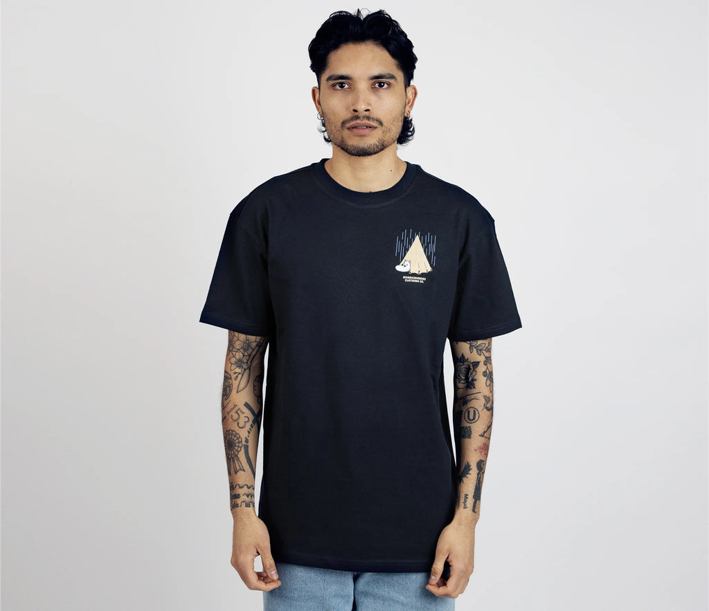 3. Male model wearing unisex navy Moomin Adventure T-Shirt by NordicBuddies, front view with tent design