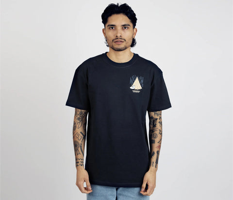 3. Male model wearing unisex navy Moomin Adventure T-Shirt by NordicBuddies, front view with tent design