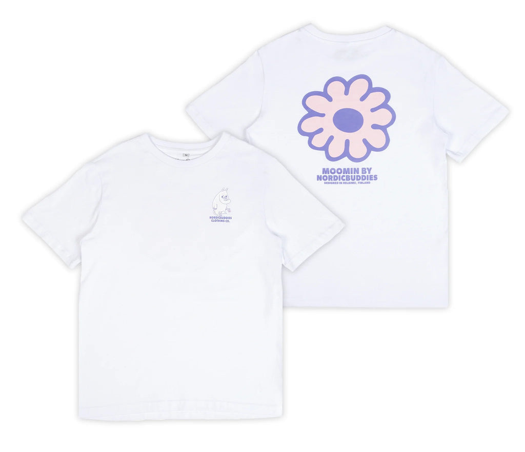 6. Flat lay of women's white Moomintroll t-shirt by NordicBuddies, showing front and back designs
