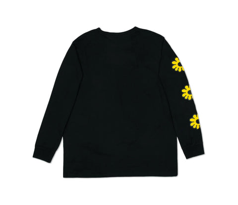 3. Back view of unisex black Moomintroll's Flower longsleeve shirt with yellow floral sleeve design