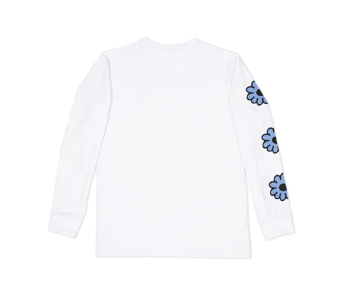 7. Unisex white Moomintroll's Flower longsleeve shirt back view, showcasing blue floral sleeve design and cuffrib