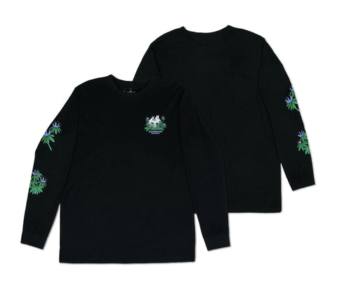 2. Flat lay of Moomin by NordicBuddies black longsleeve shirt with cuffrib, showing front and back design