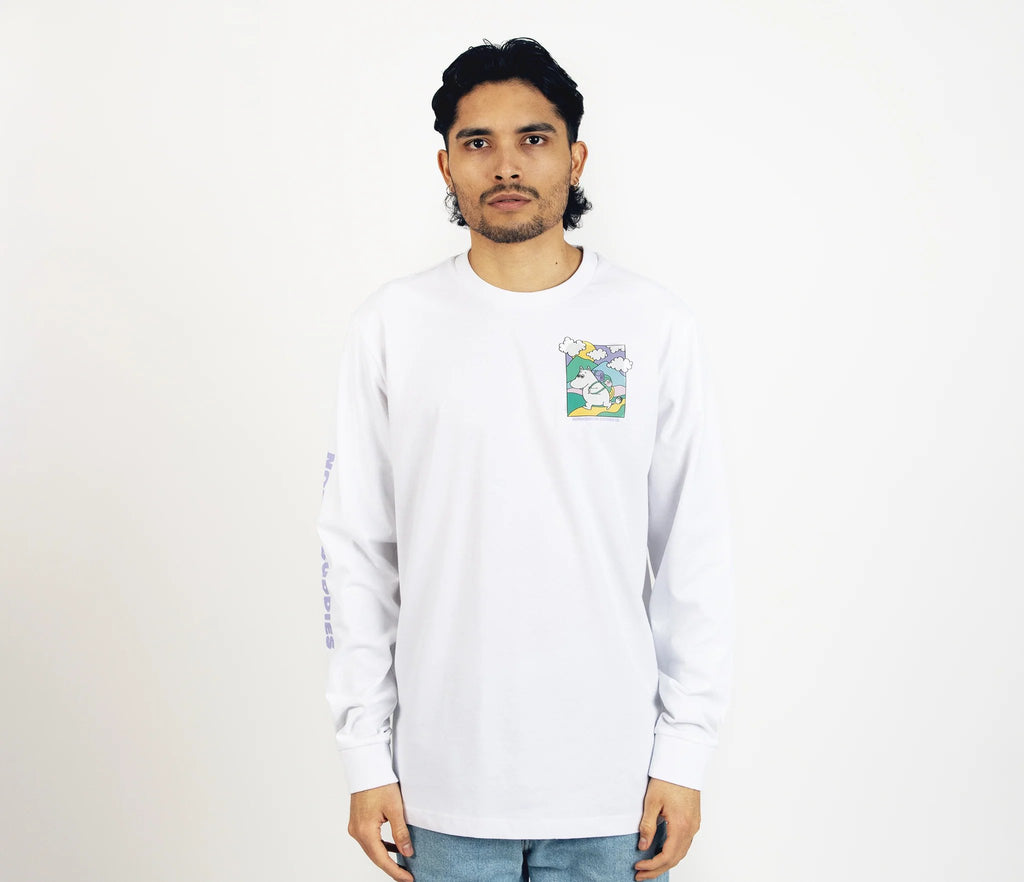 2. Unisex white Moomintroll's Adventure longsleeve shirt worn by male model, showcasing chest graphic and NordicBuddies sleeve branding