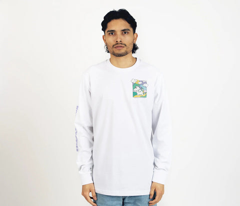 2. Unisex white Moomintroll's Adventure longsleeve shirt worn by male model, showcasing chest graphic and NordicBuddies sleeve branding