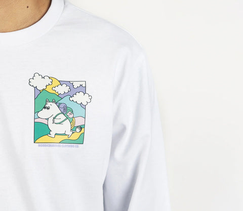 4. Close-up of Moomintroll's Adventure graphic on white longsleeve shirt, emphasizing colorful design and cotton fabric