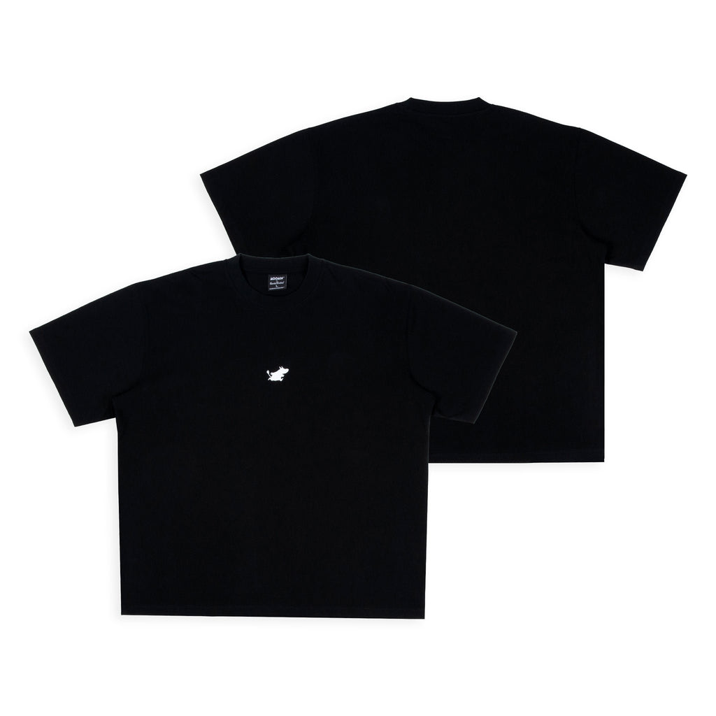 3. Flat lay of black Moomin Classics heavy t-shirt showing front and back design