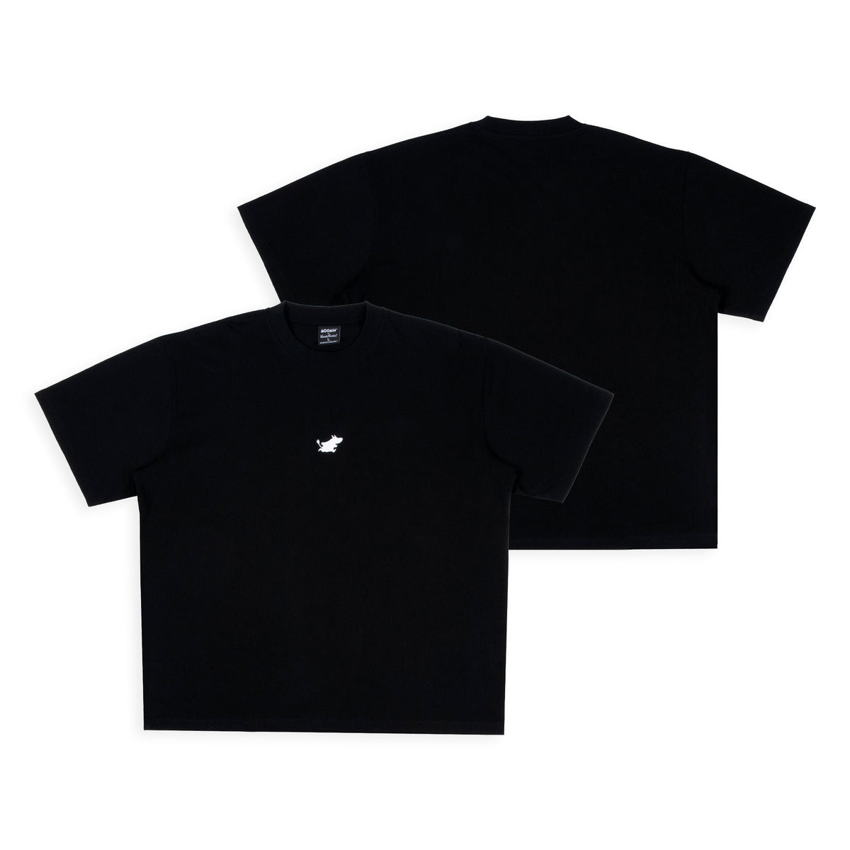 3. Flat lay of black Moomin Classics heavy t-shirt showing front and back design