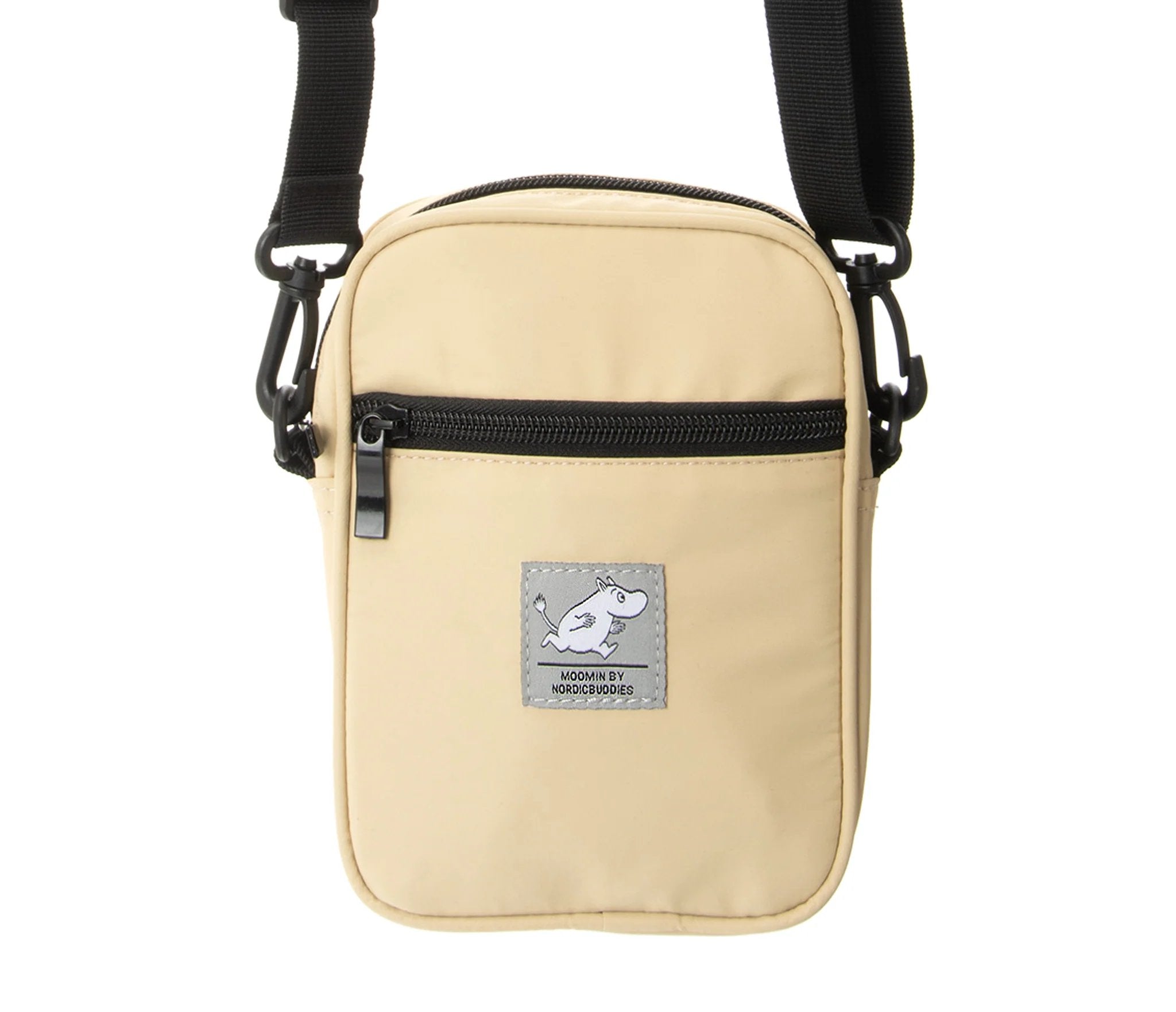 1. Moomin by NordicBuddies Moomintroll Neck Bag Urban in beige, featuring compact design with front pocket and Moomin logo, shown in studio