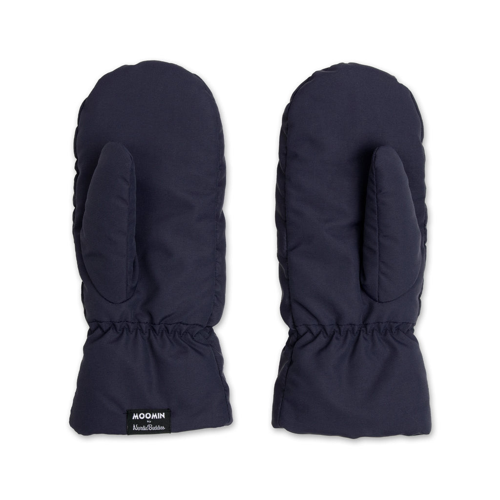 2. Back view of Moomin by NordicBuddies navy Moominpappa puffer mittens for adults, highlighting simple design and brand tag, shown in studio