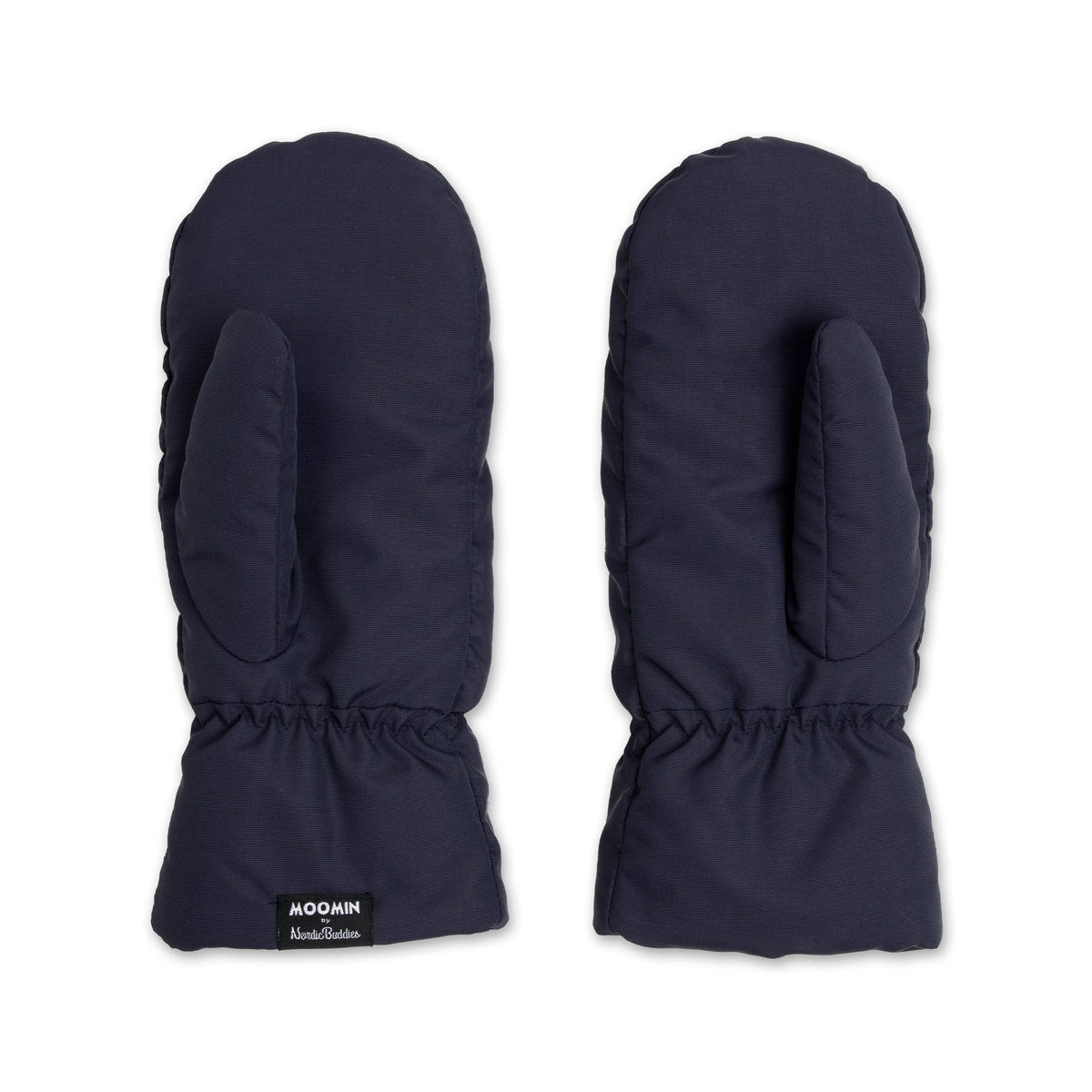 2. Back view of Moomin by NordicBuddies navy Moominpappa puffer mittens for adults, highlighting simple design and brand tag, shown in studio