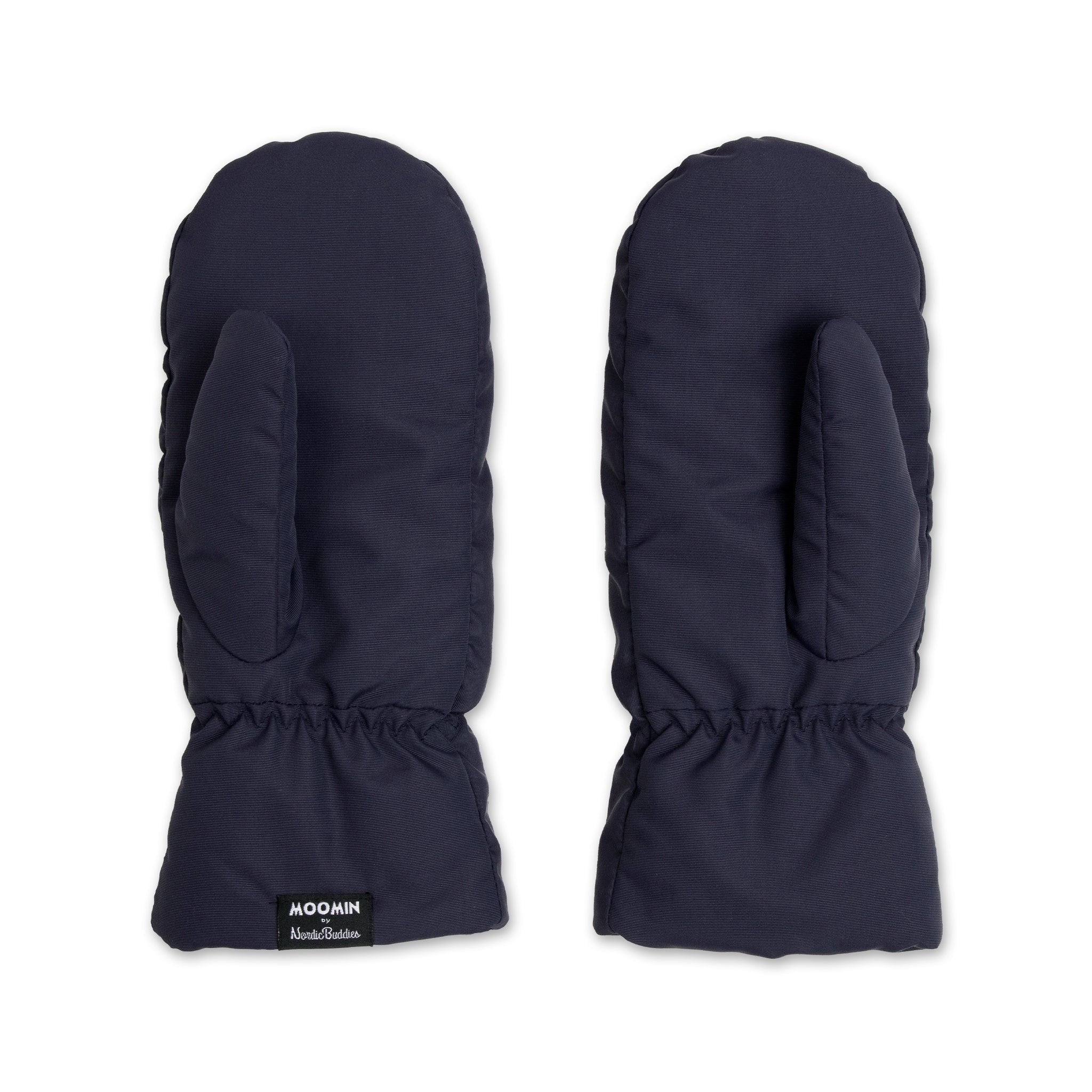 2. Back view of Moomin by NordicBuddies navy Moominpappa puffer mittens for adults, highlighting simple design and brand tag, shown in studio
