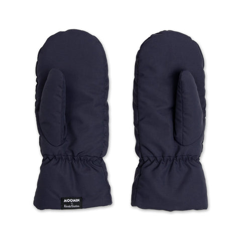 2. Back view of Moomin by NordicBuddies navy Moominpappa puffer mittens for adults, highlighting simple design and brand tag, shown in studio