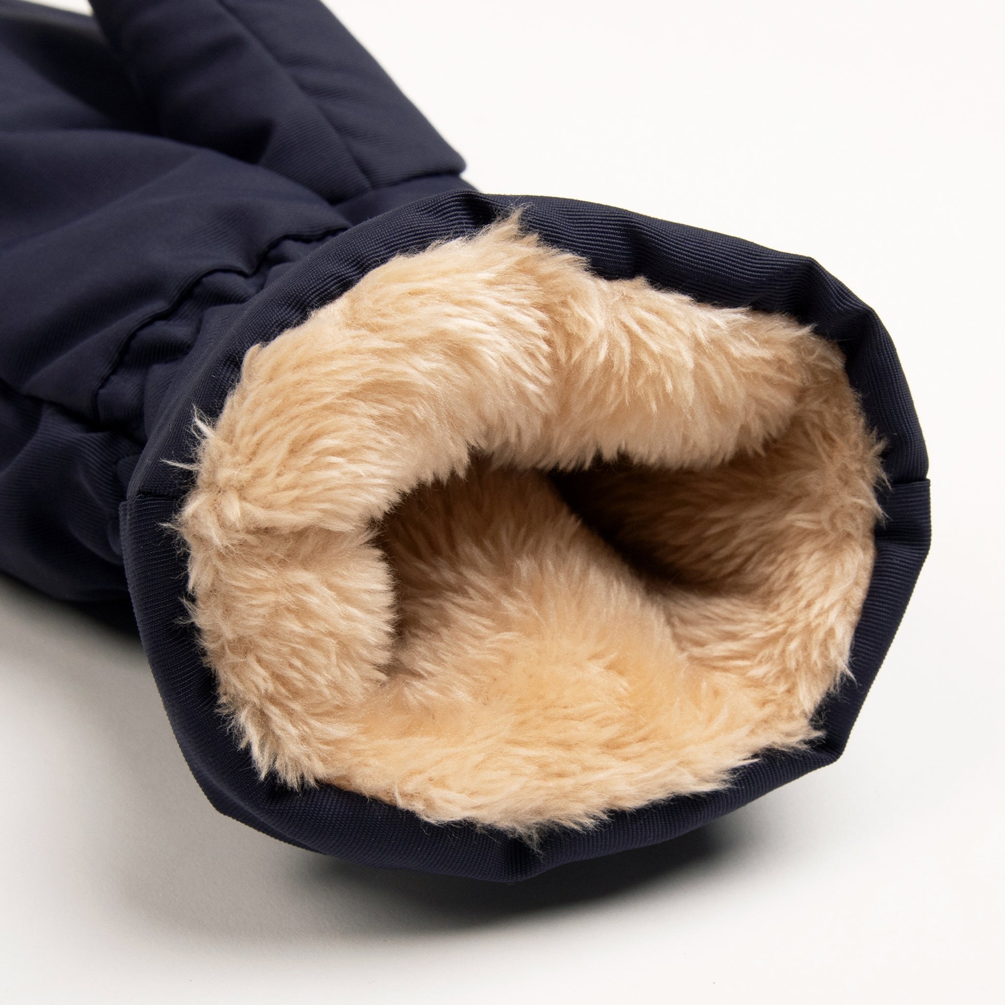 3. Close-up of Moomin by NordicBuddies navy Moominpappa puffer mittens, showcasing super soft fleece lining for comfort