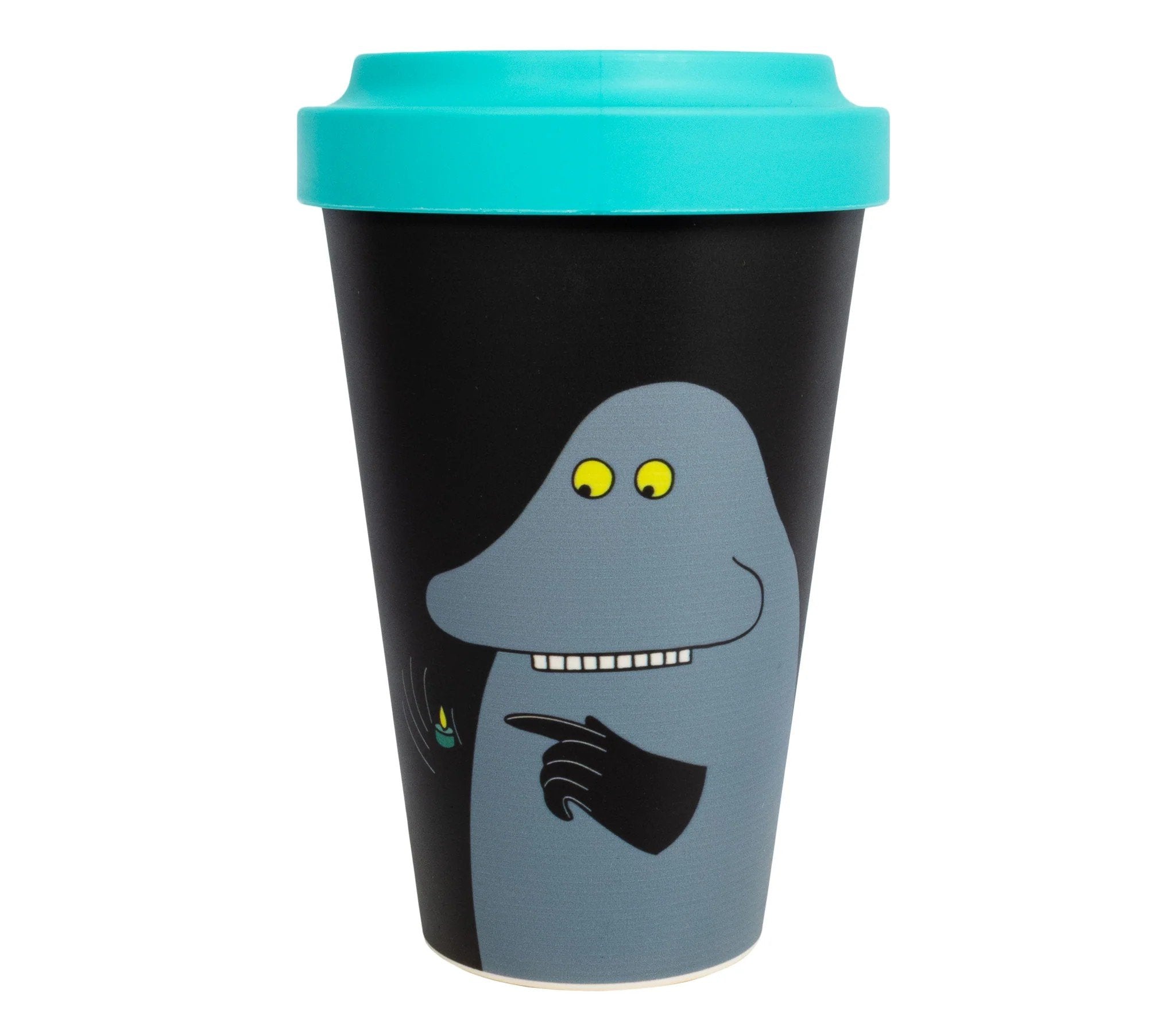 1. Curious Groke Take Away Mug by Moomin, featuring Groke character design, black body with turquoise lid, made from eco-friendly PLA and silicone, studio shot