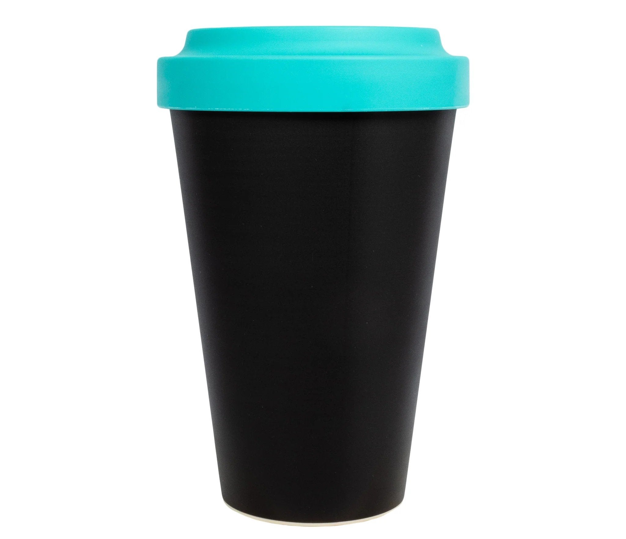2. Back view of Curious Groke Take Away Mug by Moomin, black with turquoise lid, showcasing spill-proof design, studio shot