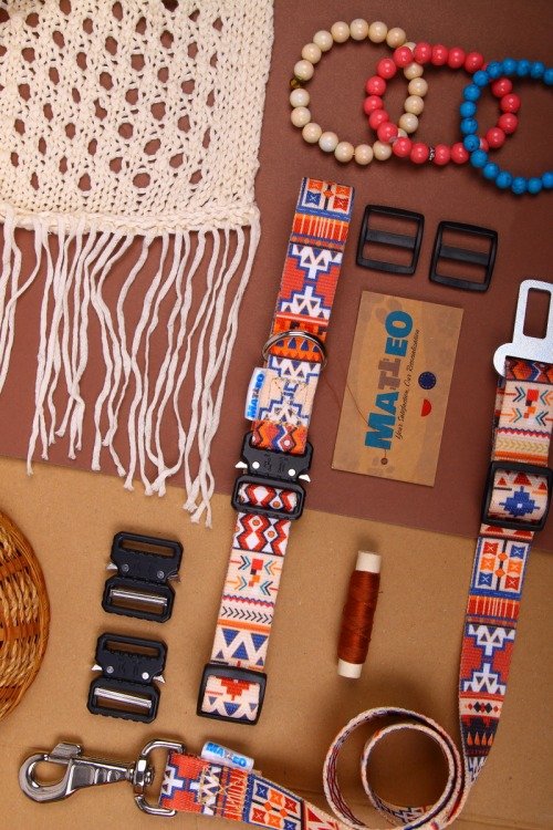 4. Flat lay of Matteo boho dog collar with colorful geometric pattern and crafting materials