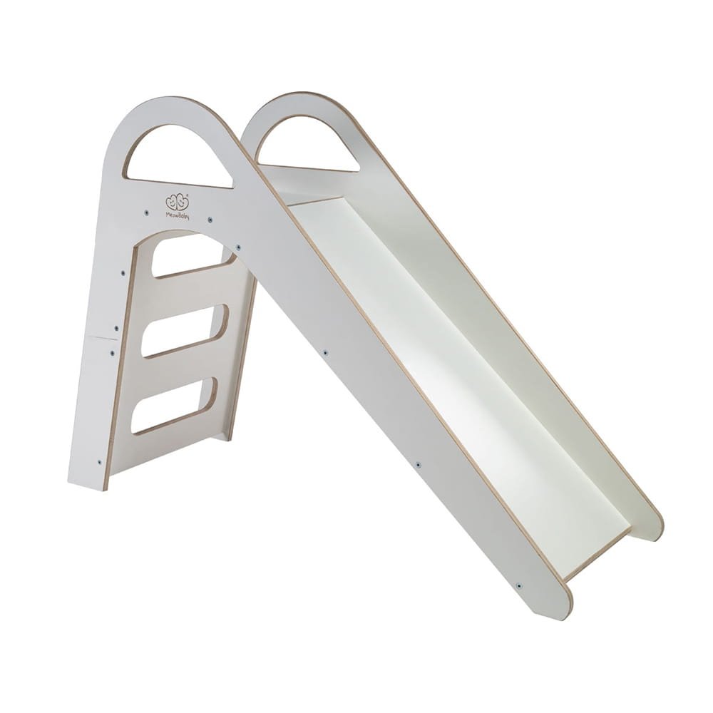 2. Studio shot of white wooden slide with ladder and smooth surface