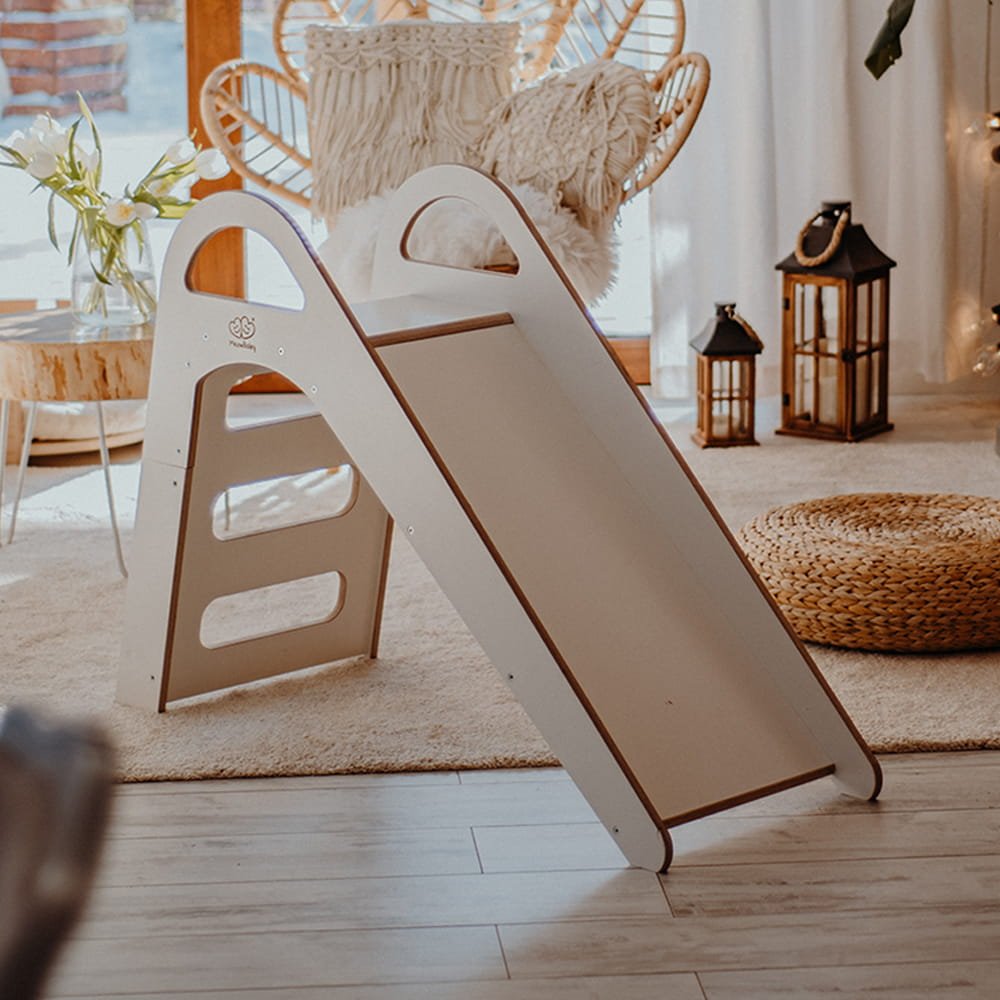 1. Wooden indoor slide for children in a cozy living room setting with natural light and wicker decor