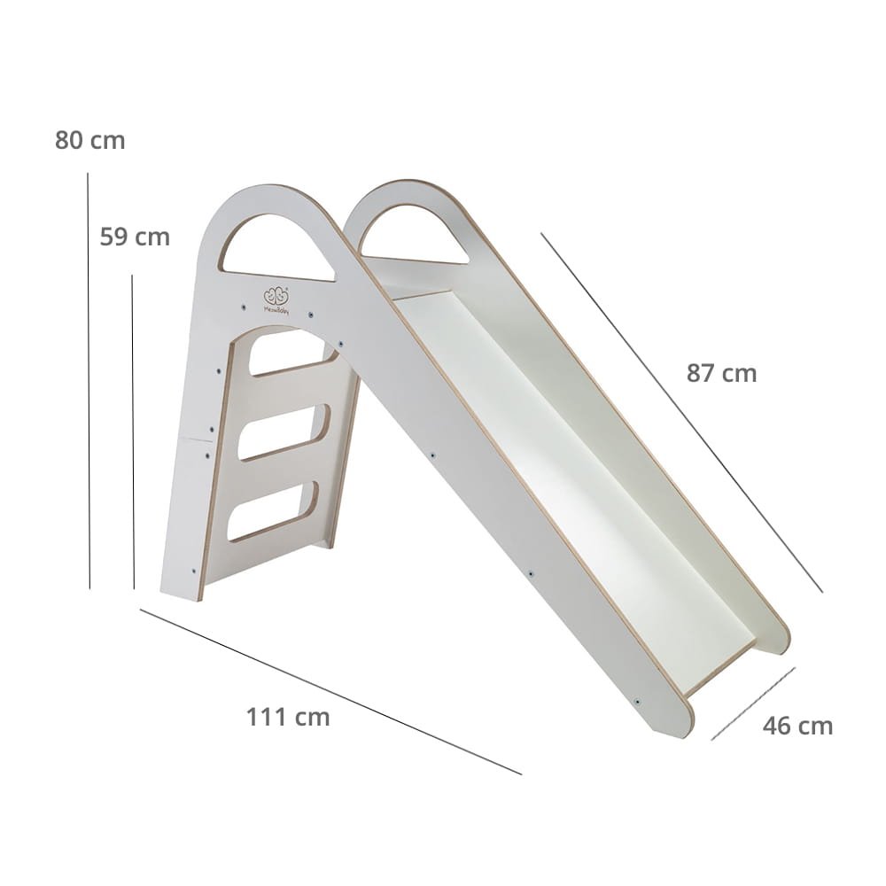 5. Size chart for MeowBaby wooden slide showing dimensions in centimeters
