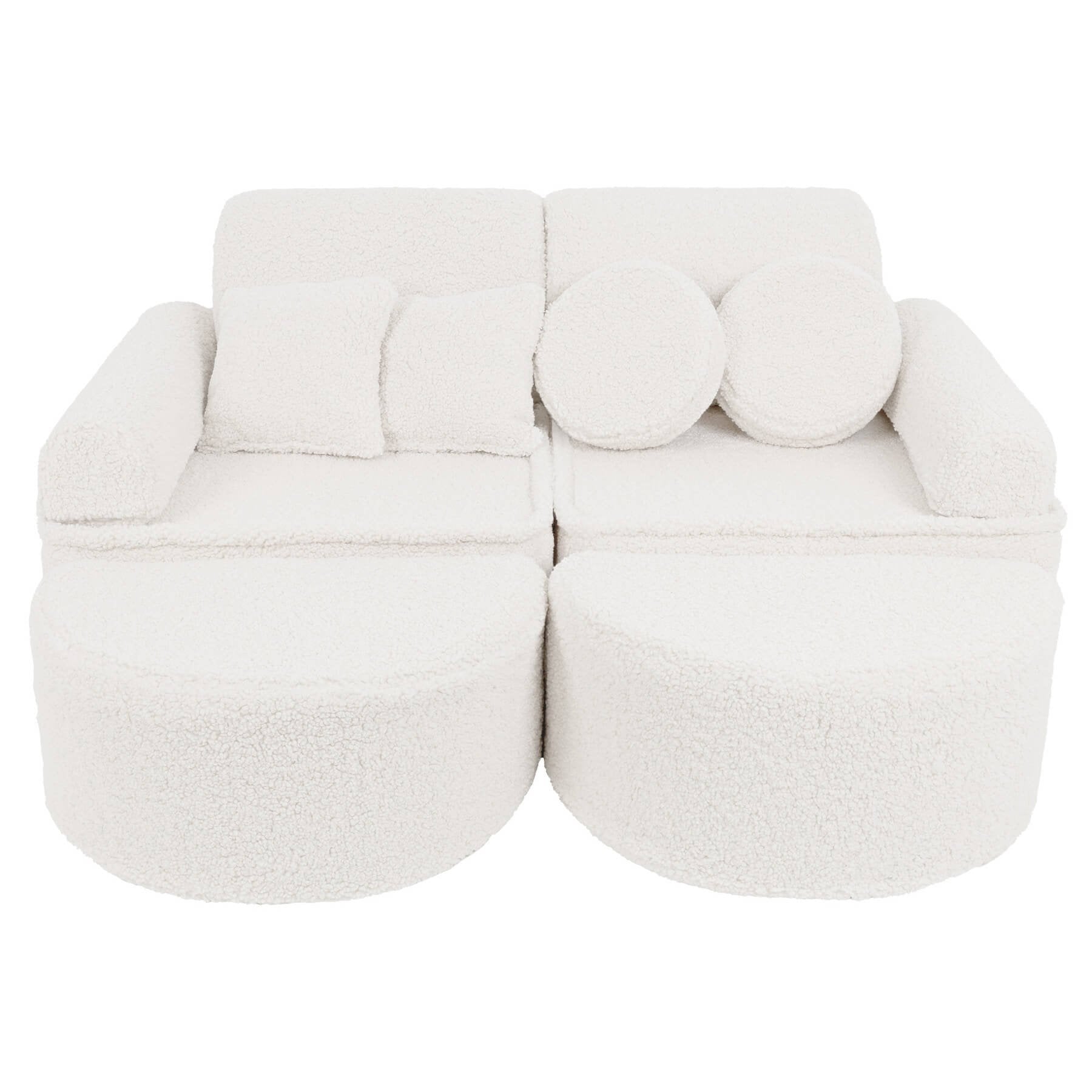 1. Modular children's sofa in bearly cream color with round and square cushions, shown in a complete setup
