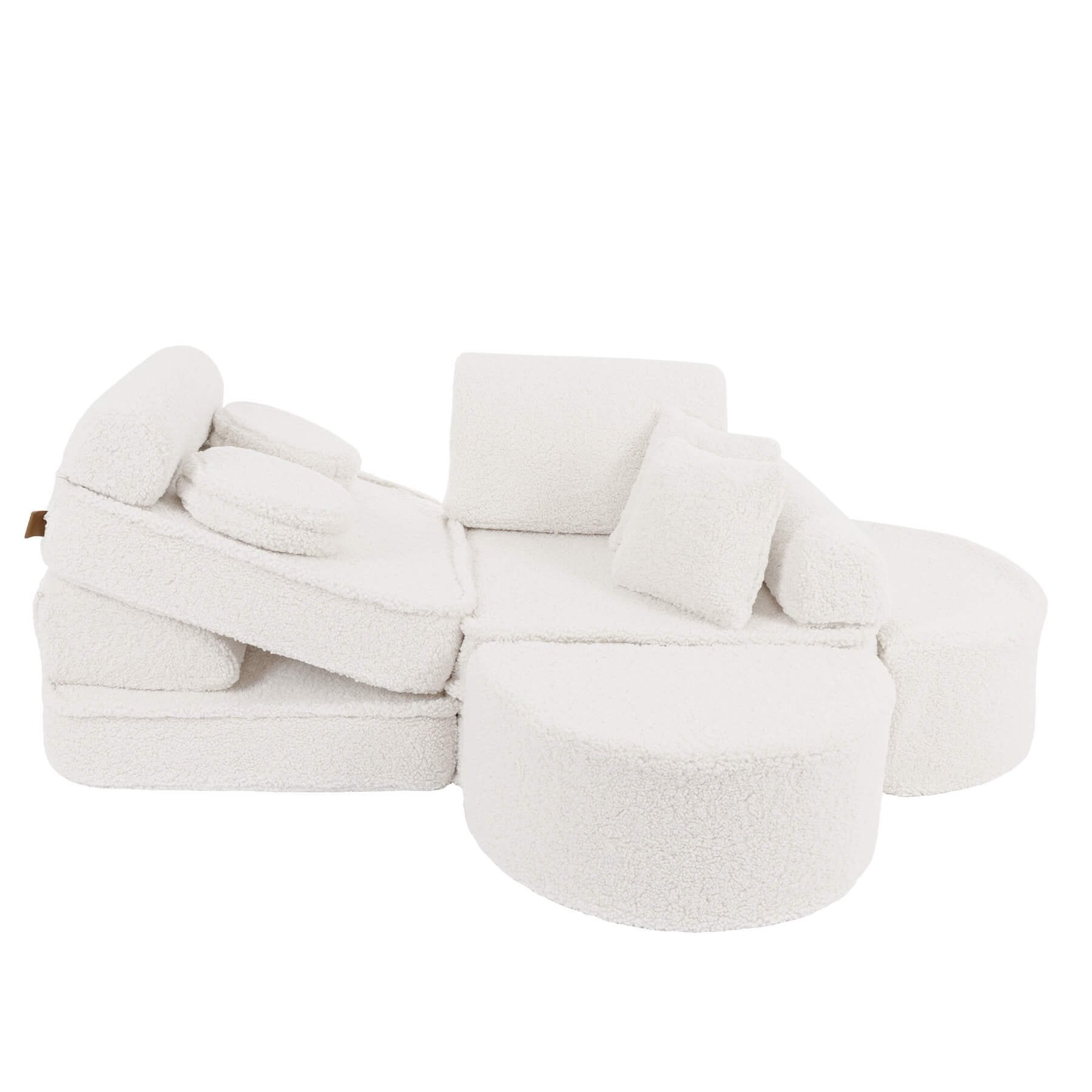 5. Modular children's sofa in bearly cream color with layered cushions, highlighting different configurations