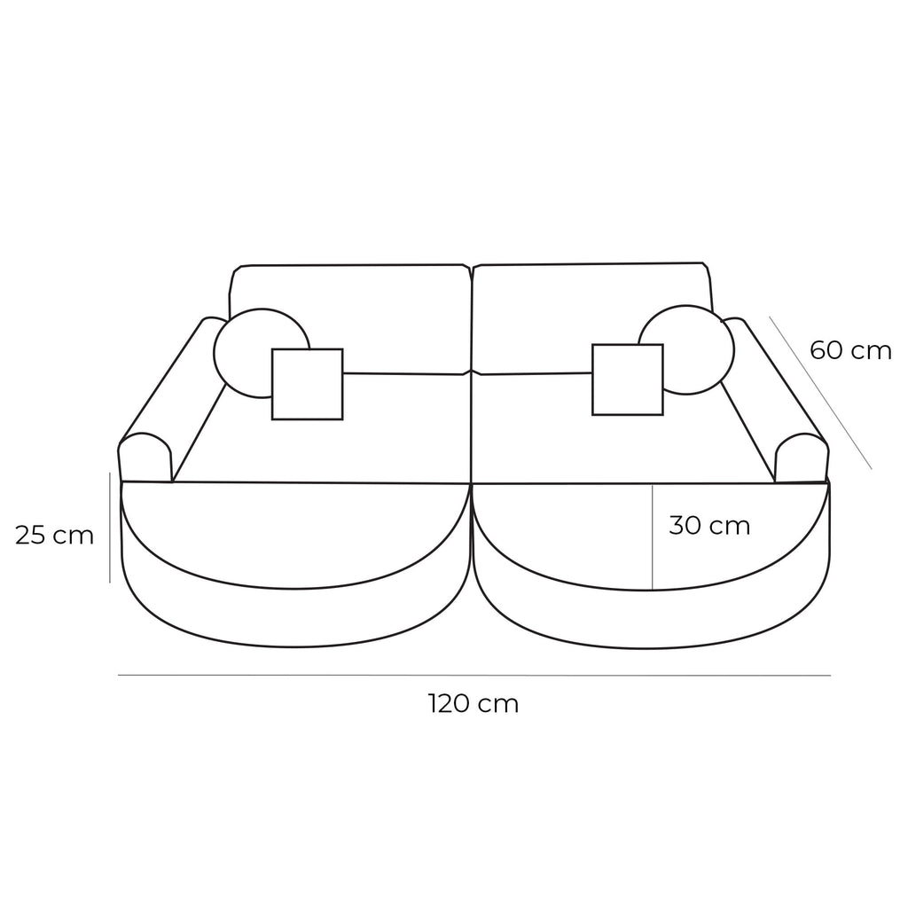5. Size chart for MeowBaby medium modular sofa showing dimensions in centimeters, including height, width, and depth
