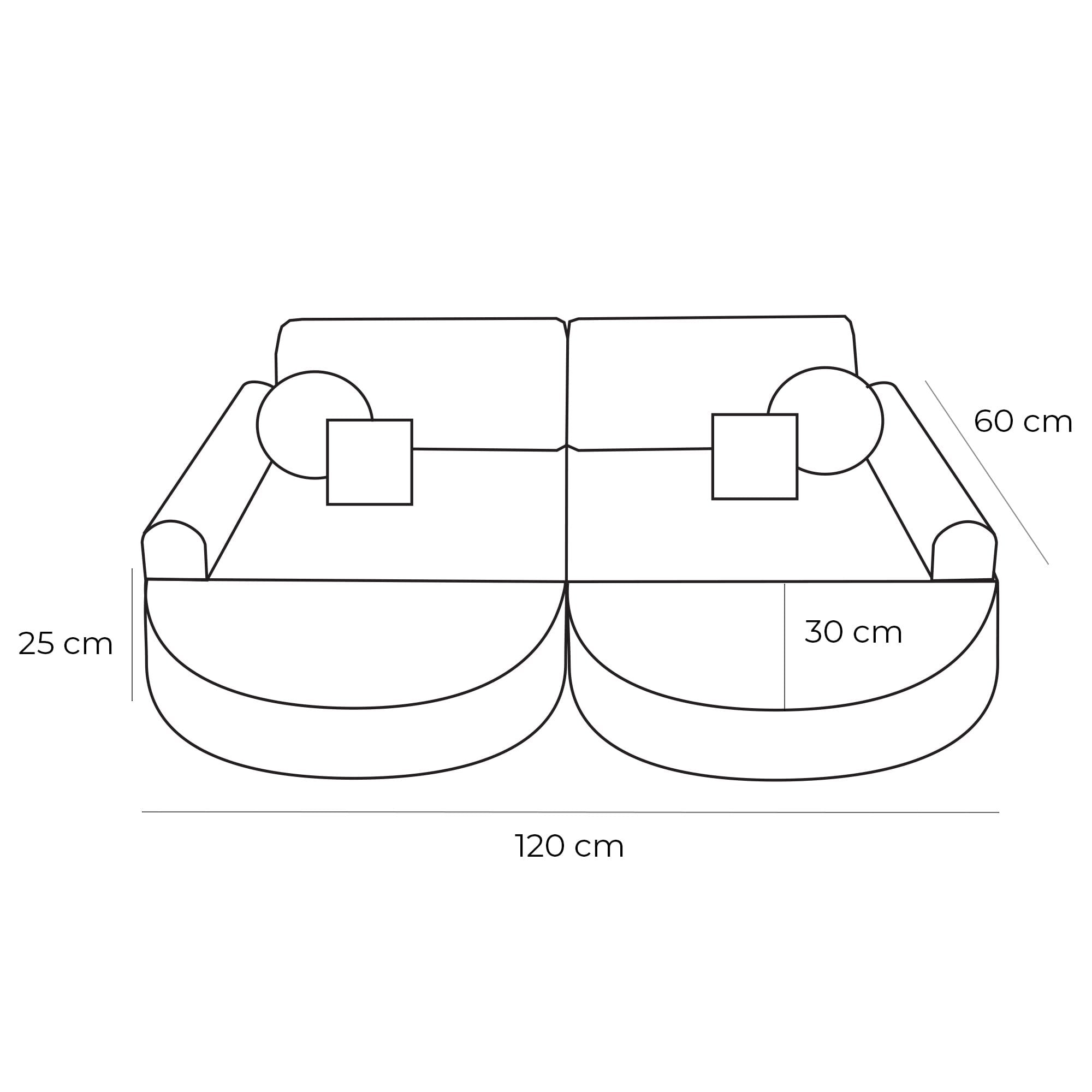 2. Size chart for MeowBaby modular sofa showing dimensions in centimeters, including height, width, and depth