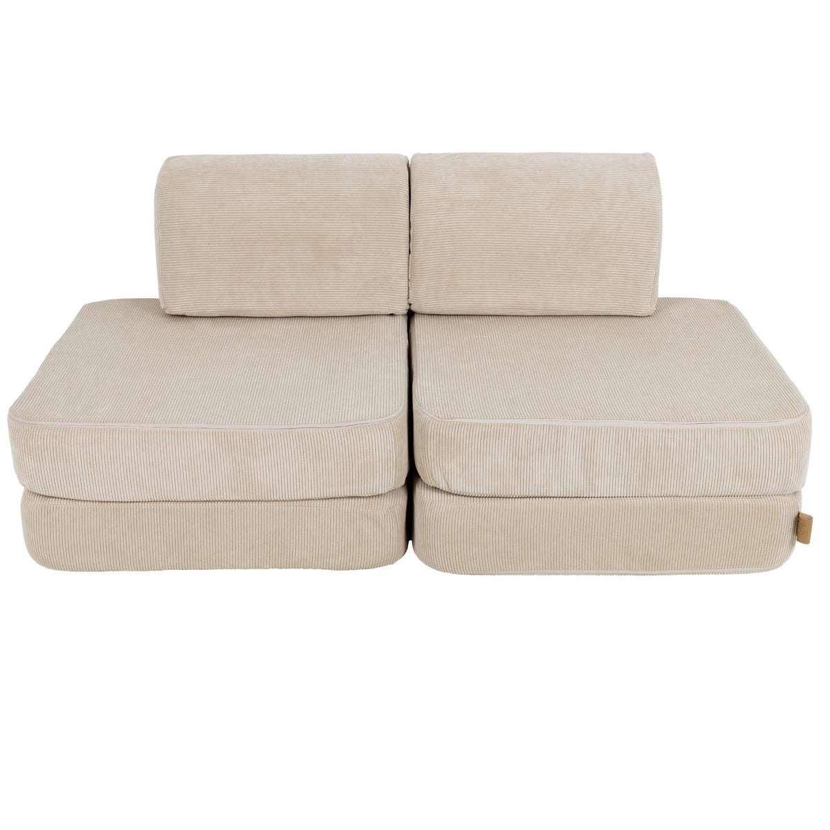 1. Small modular children's sofa in ecru Slimcord fabric with two back cushions and two seat cushions, shown in a studio setting
