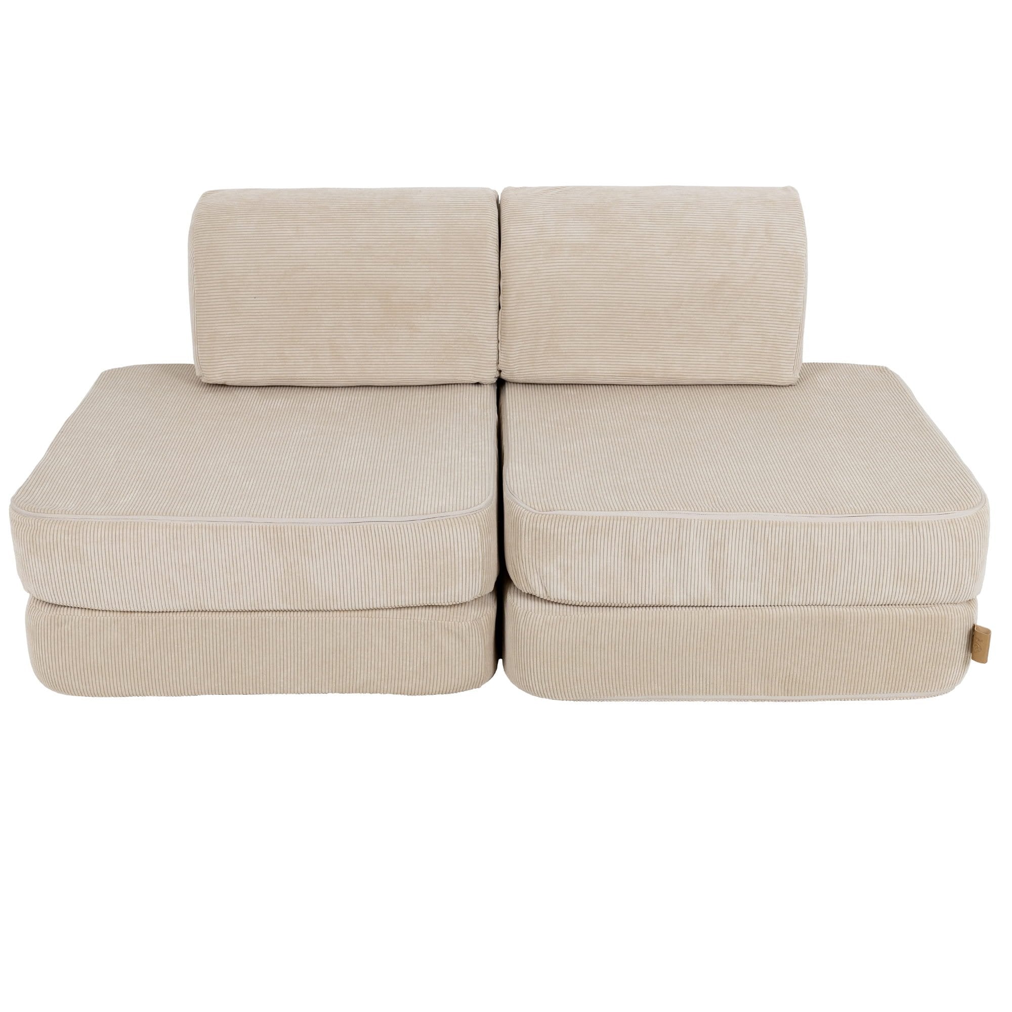 1. Small modular children's sofa in ecru Slimcord fabric with two back cushions and two seat cushions, shown in a studio setting