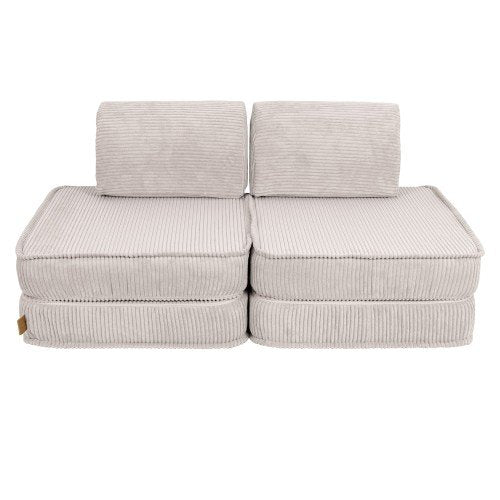 1. Small modular children's sofa in aesthetic ecru color with ribbed texture, shown in a two-seater configuration on a white background