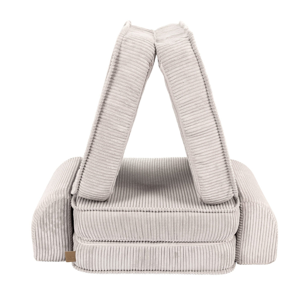 4. Ecru ribbed modular children's sofa arranged in a triangular formation, showcasing versatility, on a white background