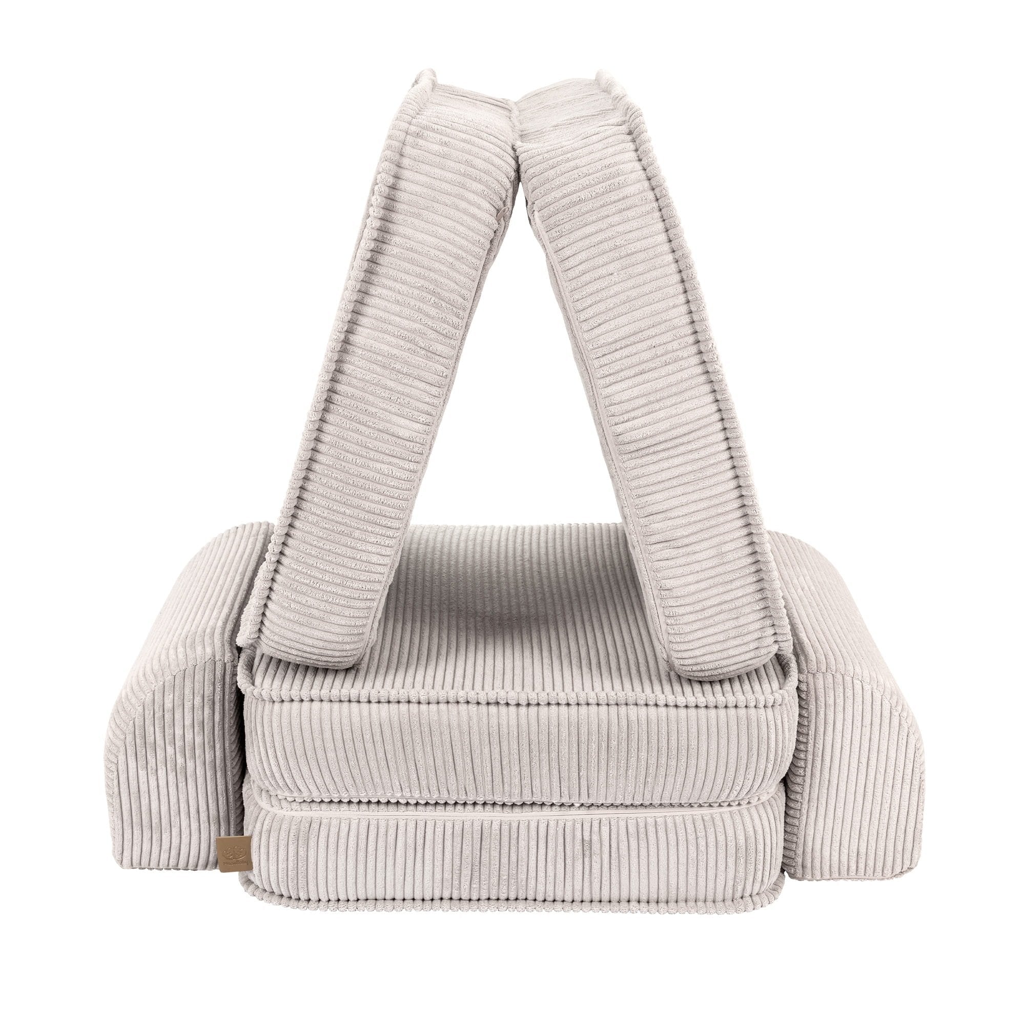 4. Ecru ribbed modular children's sofa arranged in a triangular formation, showcasing versatility, on a white background